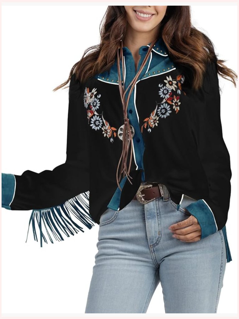Embroidered Western Button Down Shirt Long Sleeve Retro Blouse